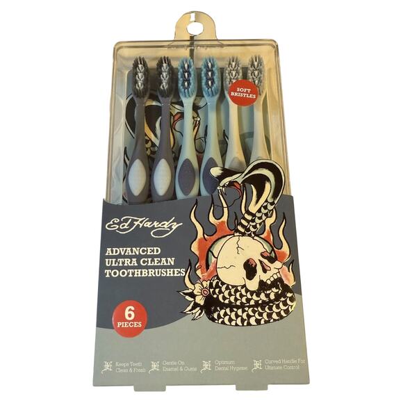 Ed Hardy 6 Piece Advanced Ultra Clean Toothbrush Set White Blue Gray - Picture 1 of 3
